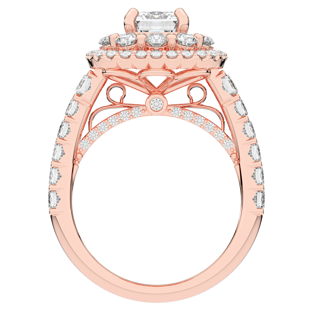 4.70CT.TW EMERALD CUT LAB DIAMOND DOUBLE HALO TWO TONE ENGAGEMENT RING - Nazarelle