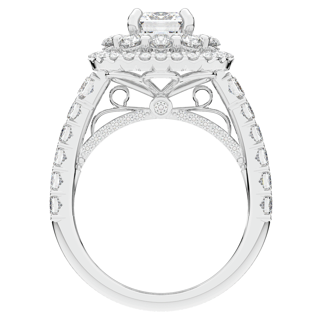 4.70CT.TW EMERALD CUT LAB DIAMOND DOUBLE HALO TWO TONE ENGAGEMENT RING - Nazarelle