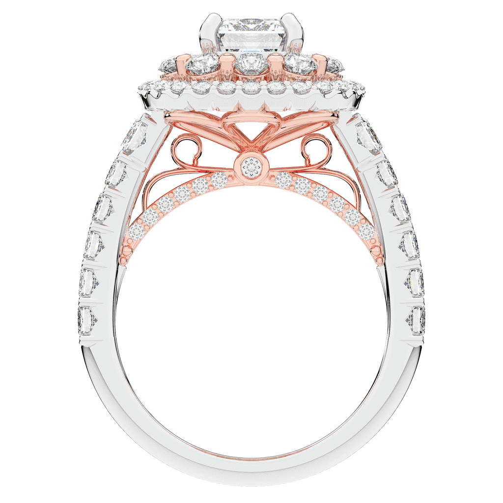 4.70CT.TW EMERALD CUT LAB DIAMOND DOUBLE HALO TWO TONE ENGAGEMENT RING - Nazarelle