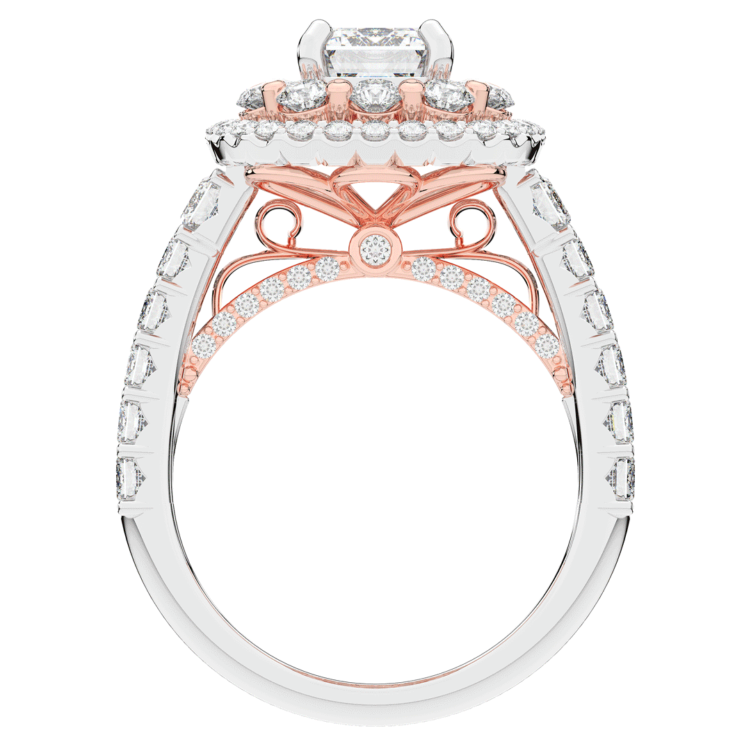 4.70CT.TW EMERALD CUT LAB DIAMOND DOUBLE HALO TWO TONE ENGAGEMENT RING - Nazarelle