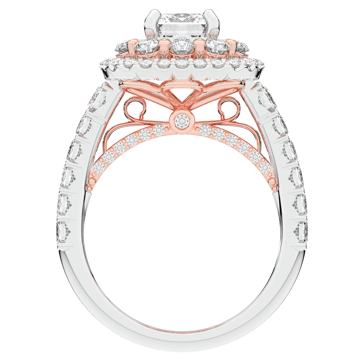 4.70CT.TW EMERALD CUT LAB DIAMOND DOUBLE HALO TWO TONE ENGAGEMENT RING - Nazarelle