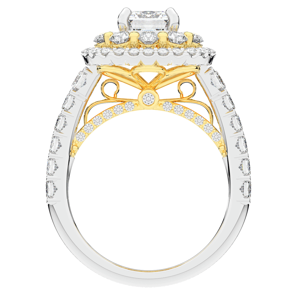 4.70CT.TW EMERALD CUT LAB DIAMOND DOUBLE HALO TWO TONE ENGAGEMENT RING - Nazarelle