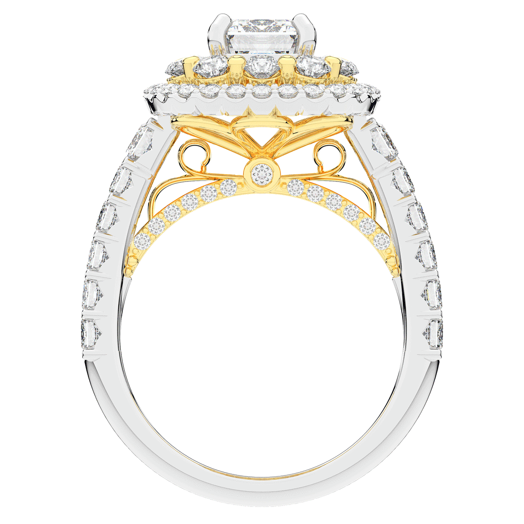 4.70CT.TW EMERALD CUT LAB DIAMOND DOUBLE HALO TWO TONE ENGAGEMENT RING - Nazarelle