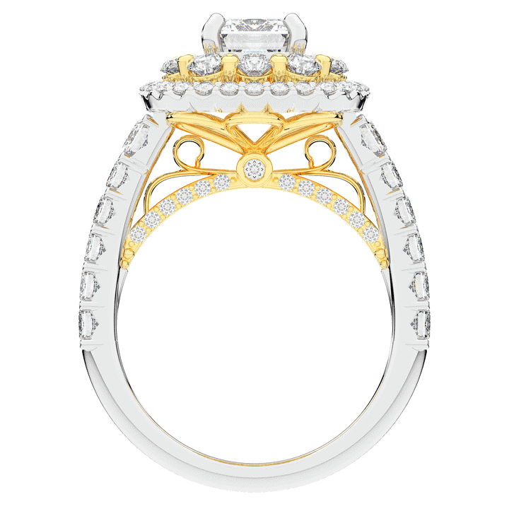4.70CT.TW EMERALD CUT LAB DIAMOND DOUBLE HALO TWO TONE ENGAGEMENT RING - Nazarelle