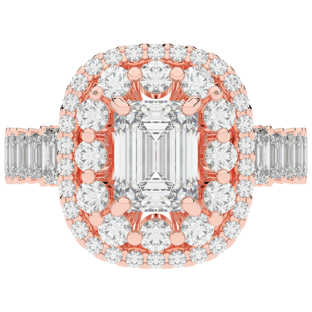 4.70CT.TW EMERALD CUT LAB DIAMOND DOUBLE HALO TWO TONE ENGAGEMENT RING - Nazarelle