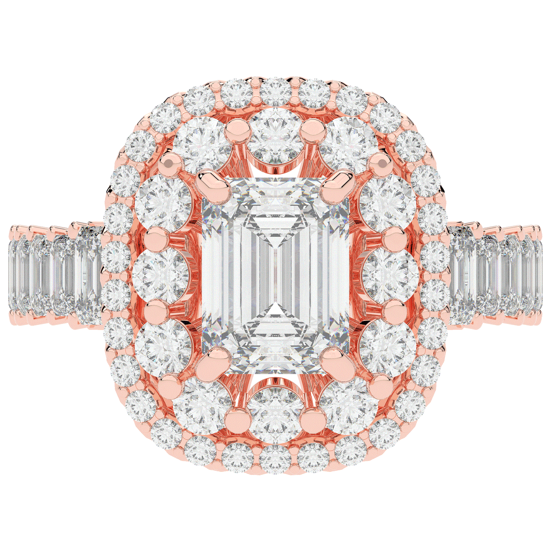 4.70CT.TW EMERALD CUT LAB DIAMOND DOUBLE HALO TWO TONE ENGAGEMENT RING - Nazarelle