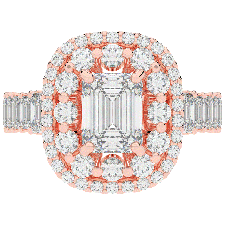 4.70CT.TW EMERALD CUT LAB DIAMOND DOUBLE HALO TWO TONE ENGAGEMENT RING - Nazarelle