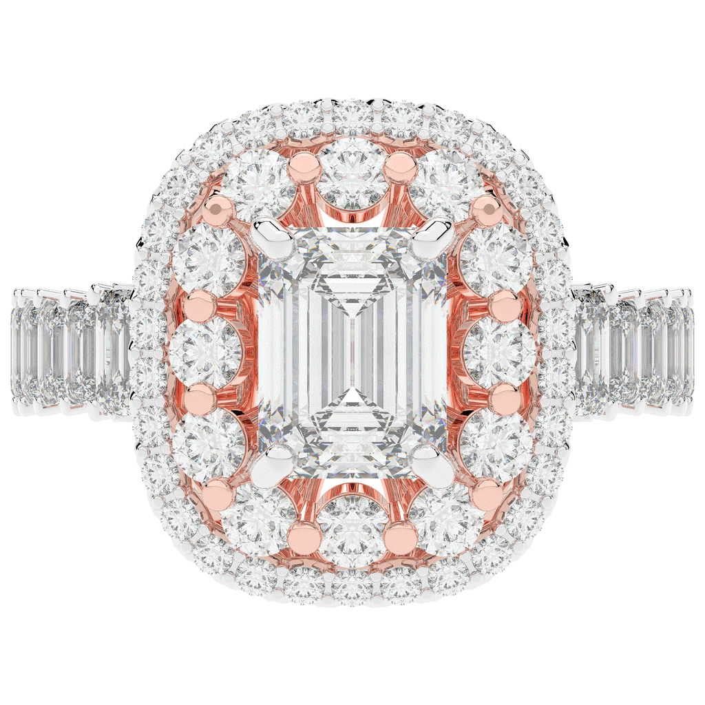 4.70CT.TW EMERALD CUT LAB DIAMOND DOUBLE HALO TWO TONE ENGAGEMENT RING - Nazarelle