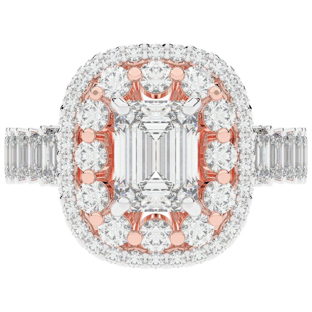 4.70CT.TW EMERALD CUT LAB DIAMOND DOUBLE HALO TWO TONE ENGAGEMENT RING - Nazarelle