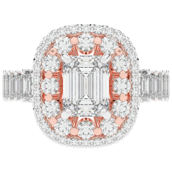 4.70CT.TW EMERALD CUT LAB DIAMOND DOUBLE HALO TWO TONE ENGAGEMENT RING - Nazarelle