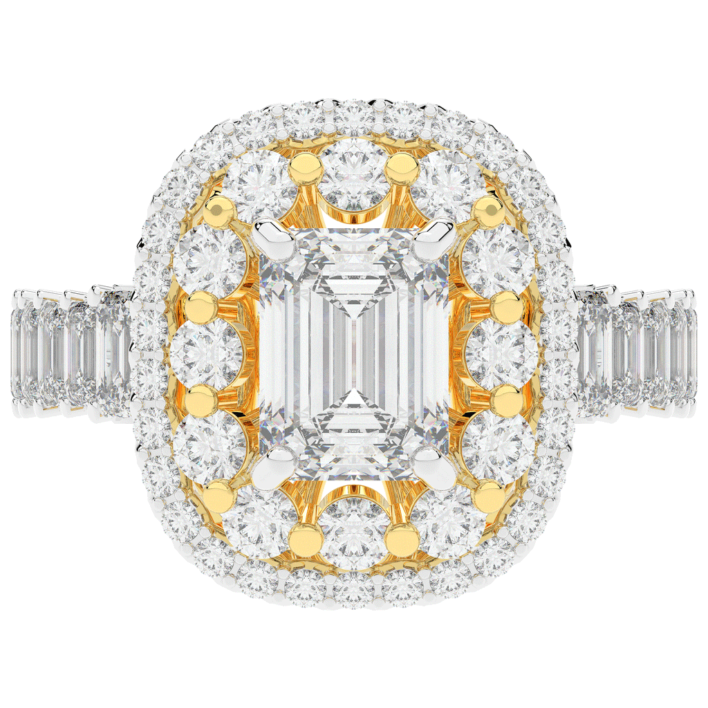 4.70CT.TW EMERALD CUT LAB DIAMOND DOUBLE HALO TWO TONE ENGAGEMENT RING - Nazarelle