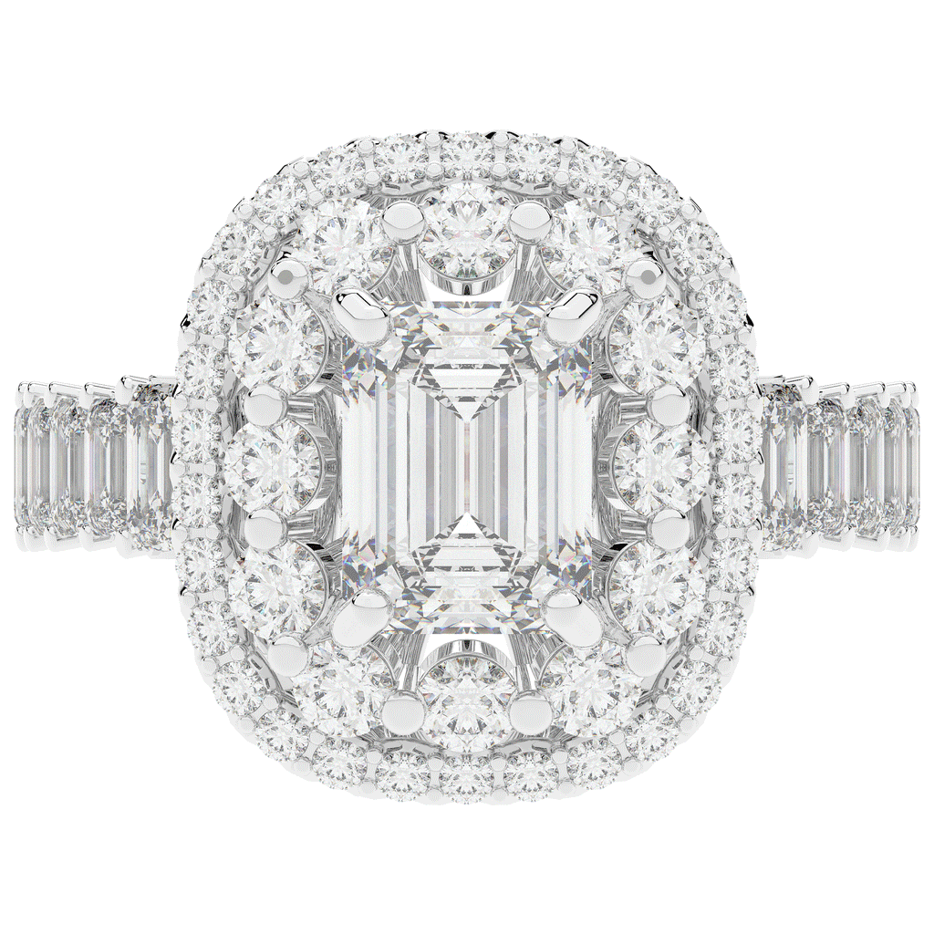 4.70CT.TW EMERALD CUT LAB DIAMOND DOUBLE HALO TWO TONE ENGAGEMENT RING - Nazarelle
