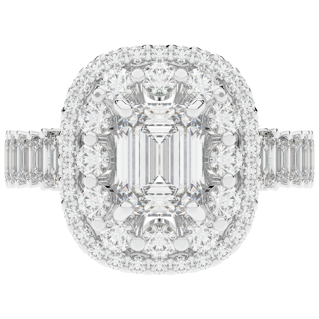 4.70CT.TW EMERALD CUT LAB DIAMOND DOUBLE HALO TWO TONE ENGAGEMENT RING - Nazarelle