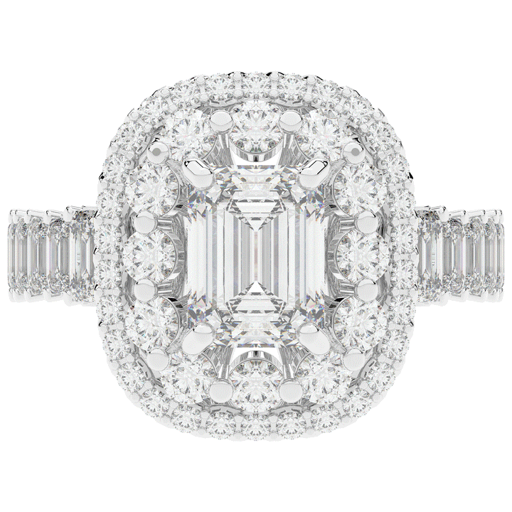 4.70CT.TW EMERALD CUT LAB DIAMOND DOUBLE HALO TWO TONE ENGAGEMENT RING - Nazarelle