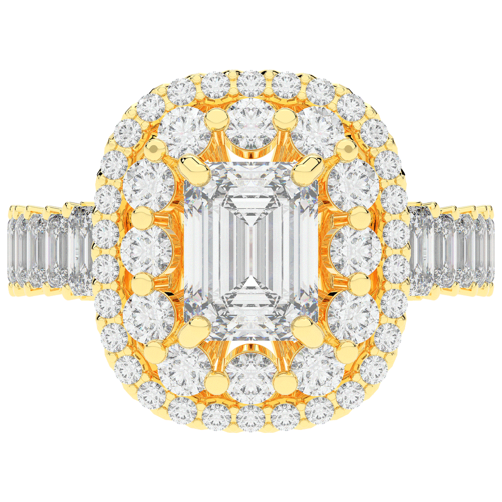 4.70CT.TW EMERALD CUT LAB DIAMOND DOUBLE HALO TWO TONE ENGAGEMENT RING - Nazarelle