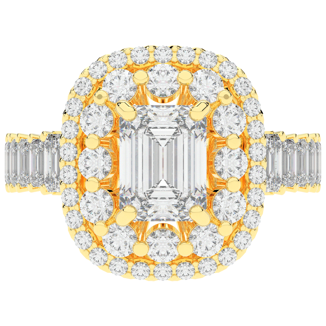 4.70CT.TW EMERALD CUT LAB DIAMOND DOUBLE HALO TWO TONE ENGAGEMENT RING - Nazarelle