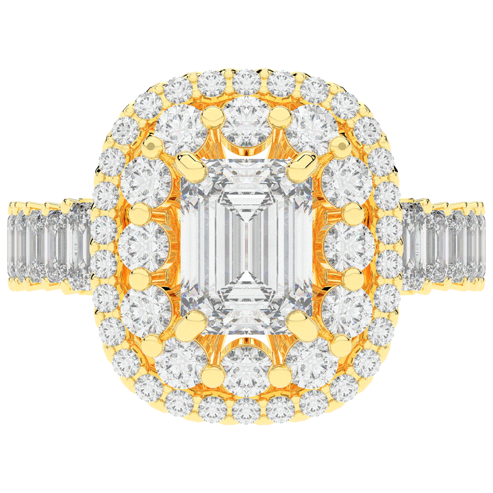 4.70CT.TW EMERALD CUT LAB DIAMOND DOUBLE HALO TWO TONE ENGAGEMENT RING - Nazarelle