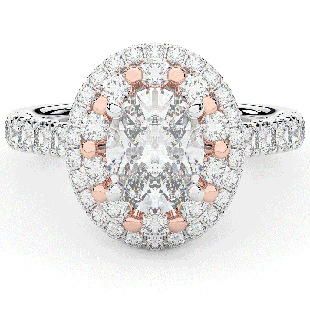 3.30CT.TW OVAL LAB DIAMOND DOUBLE HALO TWO TONE ENGAGEMENT RING - Nazarelle
