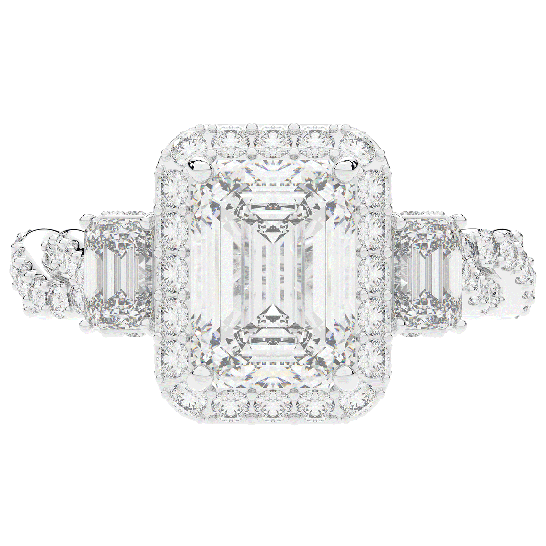 4.70CT.TW EMERALD CUT LAB DIAMOND 3 STONE ENGAGEMENT RING - Nazarelle