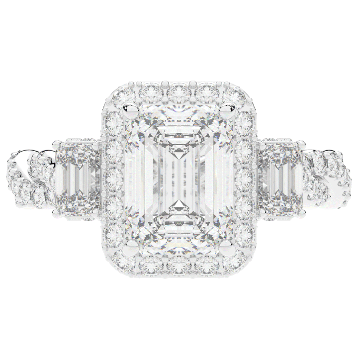 4.70CT.TW EMERALD CUT LAB DIAMOND 3 STONE ENGAGEMENT RING - Nazarelle