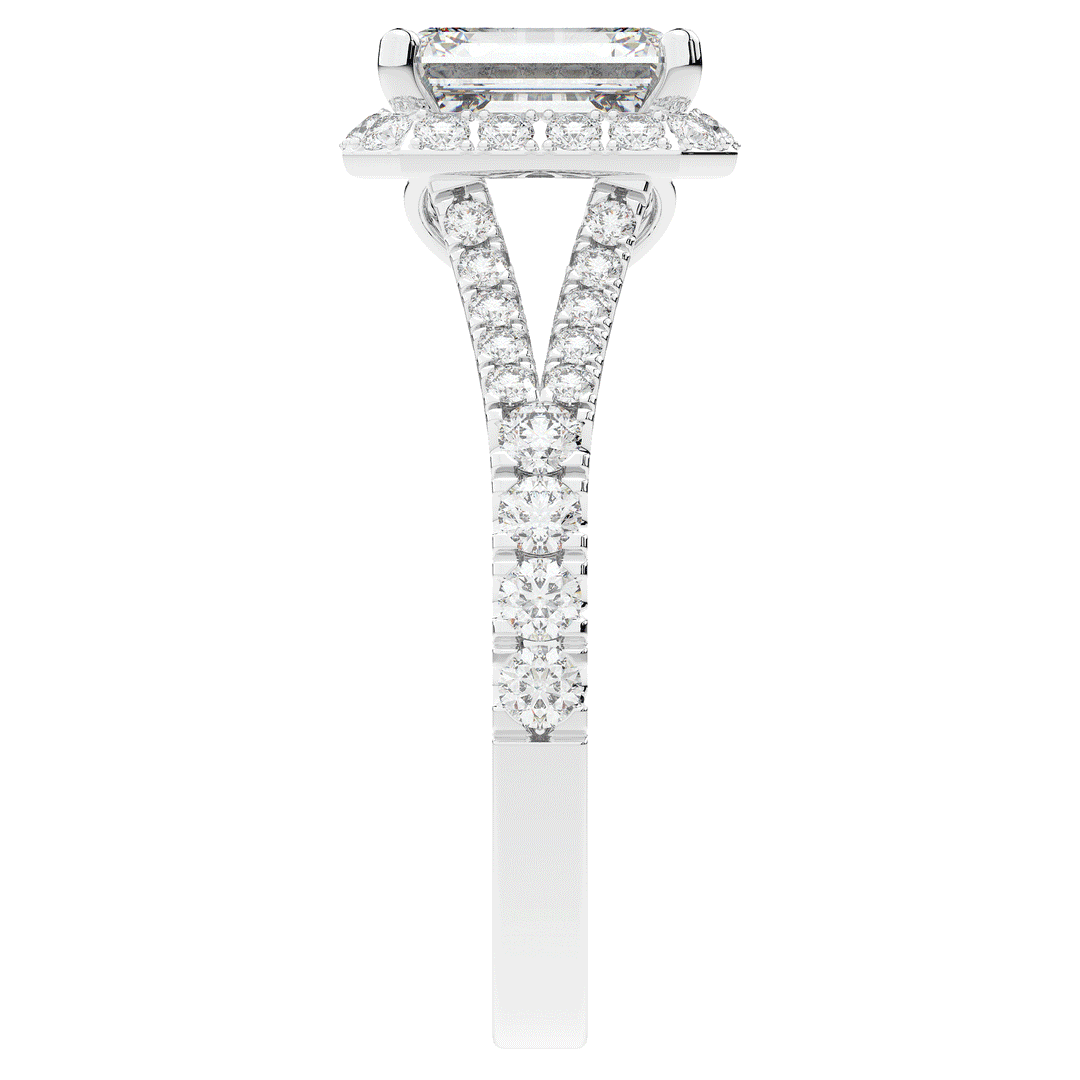 2.60CT.TW EMERALD CUT LAB DIAMOND SPLIT SHANK HALO ENGAGEMENT RING - Nazarelle