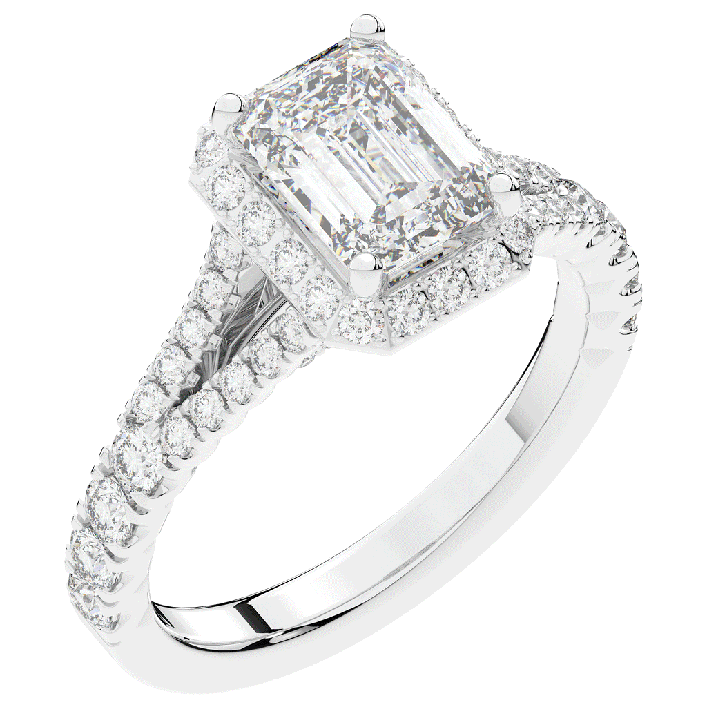 2.60CT.TW EMERALD CUT LAB DIAMOND SPLIT SHANK HALO ENGAGEMENT RING - Nazarelle