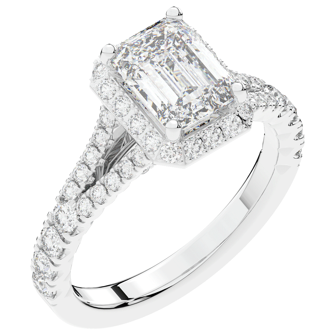 2.60CT.TW EMERALD CUT LAB DIAMOND SPLIT SHANK HALO ENGAGEMENT RING - Nazarelle