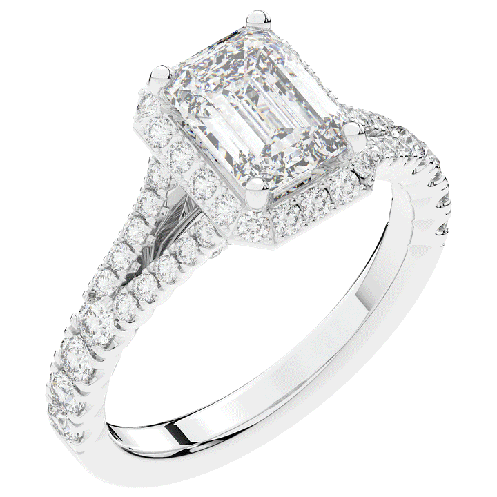 2.60CT.TW EMERALD CUT LAB DIAMOND SPLIT SHANK HALO ENGAGEMENT RING - Nazarelle