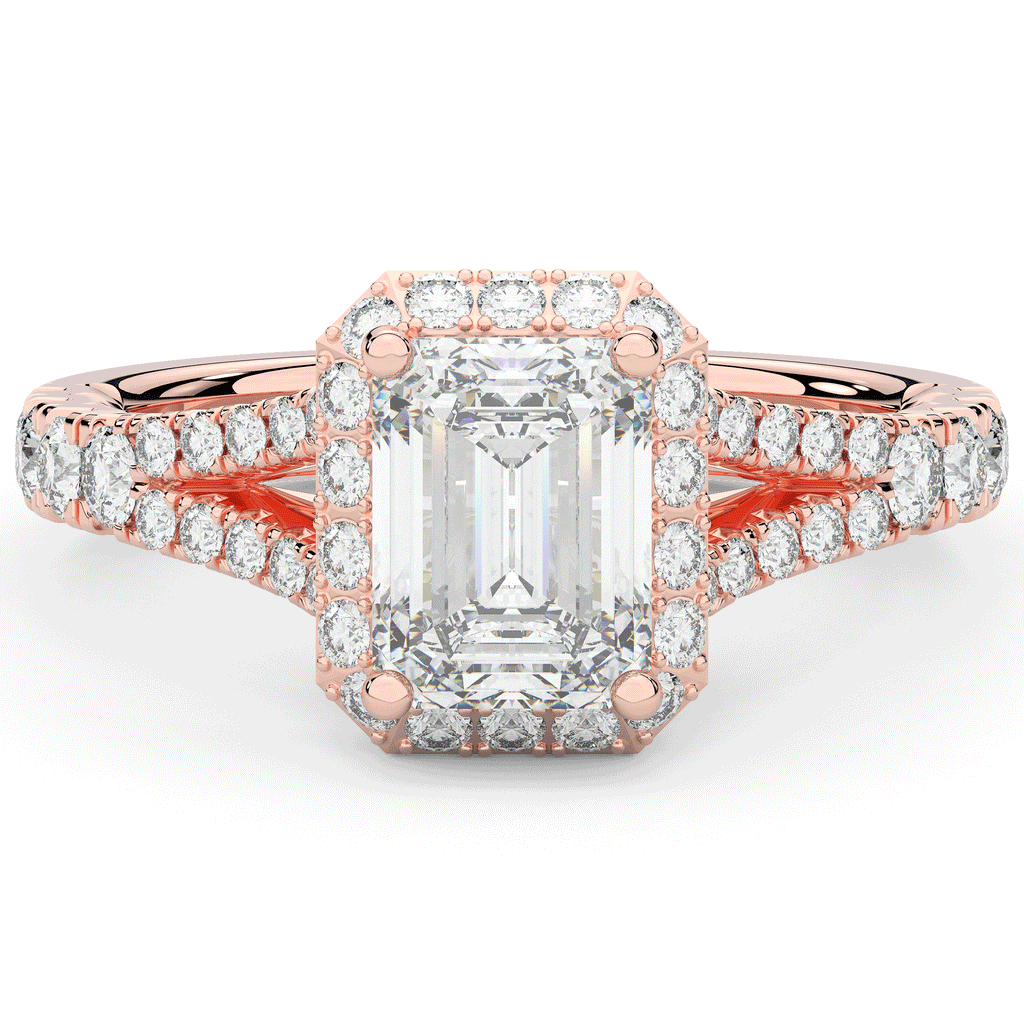 2.60CT.TW EMERALD CUT LAB DIAMOND SPLIT SHANK HALO ENGAGEMENT RING - Nazarelle