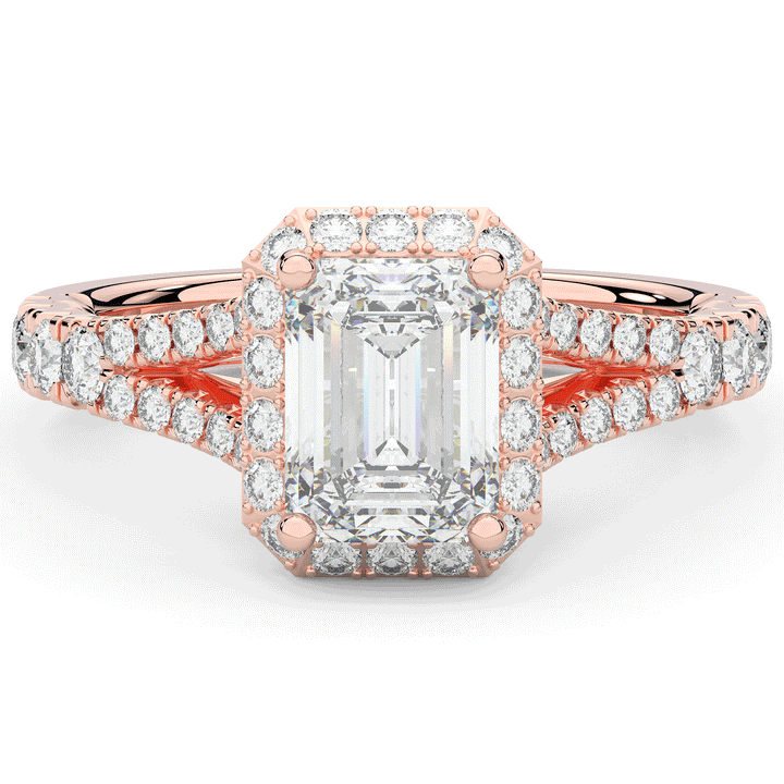 2.60CT.TW EMERALD CUT LAB DIAMOND SPLIT SHANK HALO ENGAGEMENT RING - Nazarelle