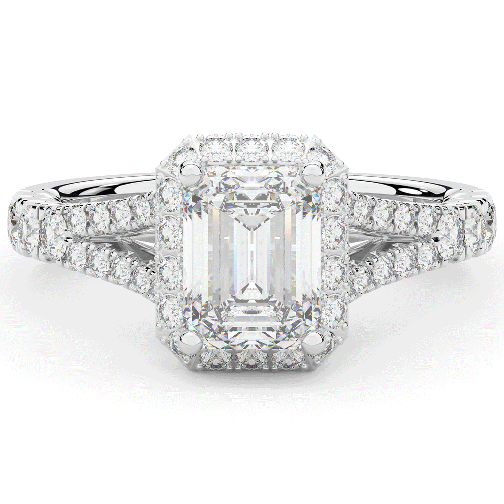 2.60CT.TW EMERALD CUT LAB DIAMOND SPLIT SHANK HALO ENGAGEMENT RING - Nazarelle