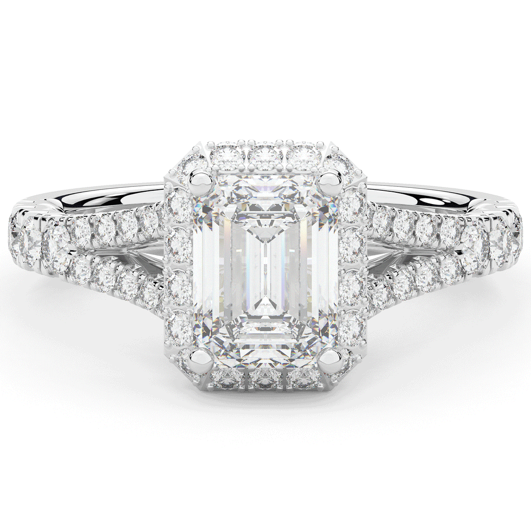 2.60CT.TW EMERALD CUT LAB DIAMOND SPLIT SHANK HALO ENGAGEMENT RING - Nazarelle