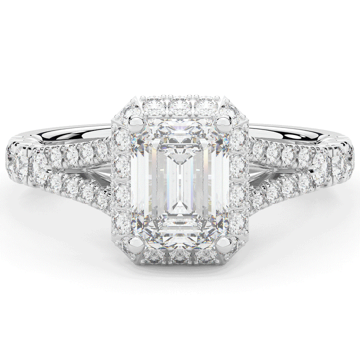 2.60CT.TW EMERALD CUT LAB DIAMOND SPLIT SHANK HALO ENGAGEMENT RING - Nazarelle