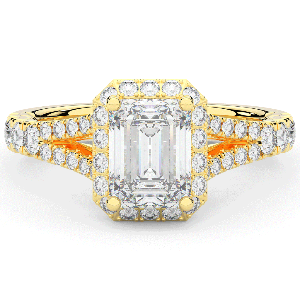 2.60CT.TW EMERALD CUT LAB DIAMOND SPLIT SHANK HALO ENGAGEMENT RING - Nazarelle