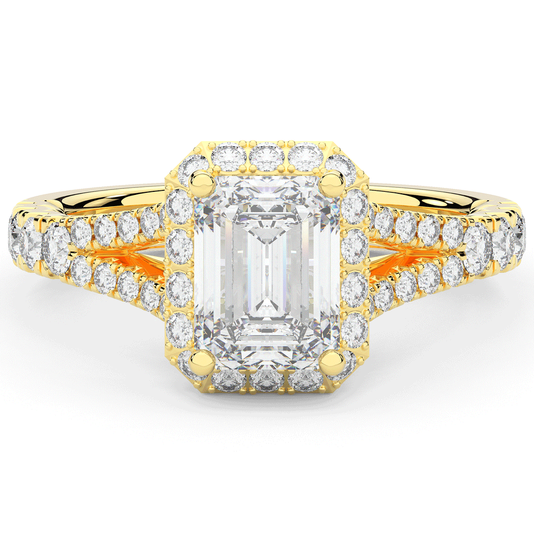 2.60CT.TW EMERALD CUT LAB DIAMOND SPLIT SHANK HALO ENGAGEMENT RING - Nazarelle