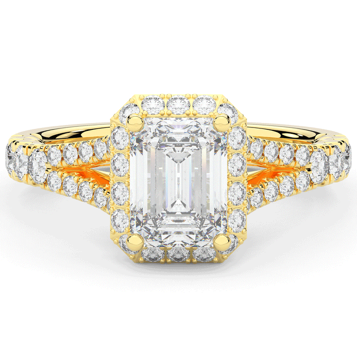 2.60CT.TW EMERALD CUT LAB DIAMOND SPLIT SHANK HALO ENGAGEMENT RING - Nazarelle