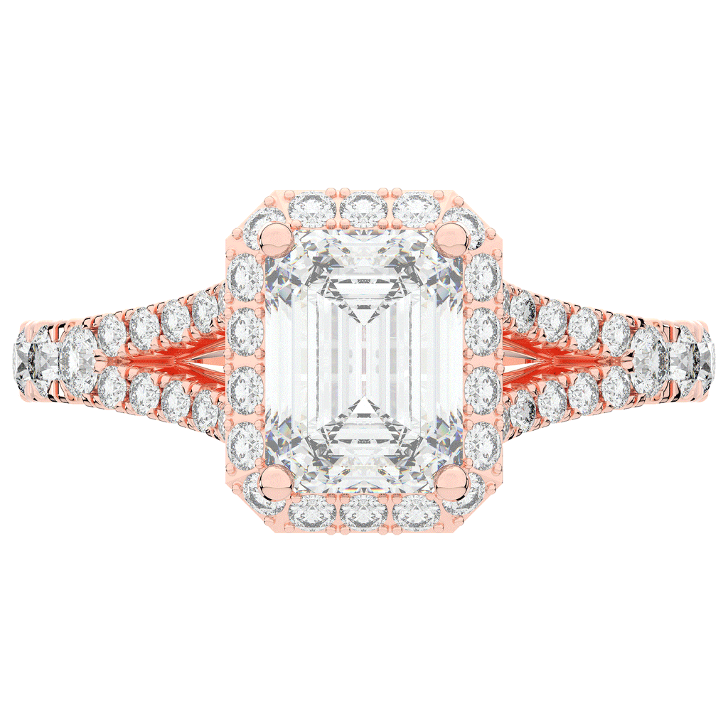 2.60CT.TW EMERALD CUT LAB DIAMOND SPLIT SHANK HALO ENGAGEMENT RING - Nazarelle