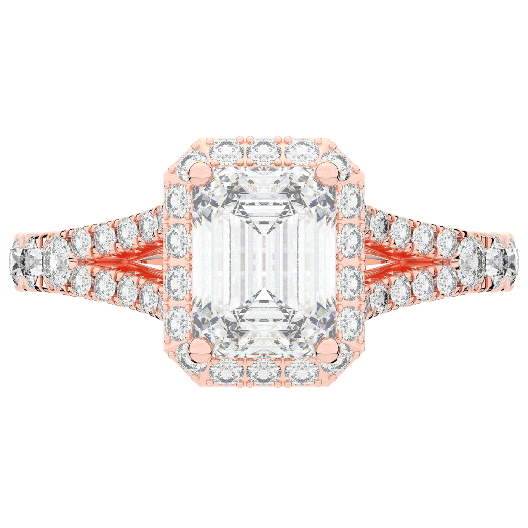 2.60CT.TW EMERALD CUT LAB DIAMOND SPLIT SHANK HALO ENGAGEMENT RING - Nazarelle