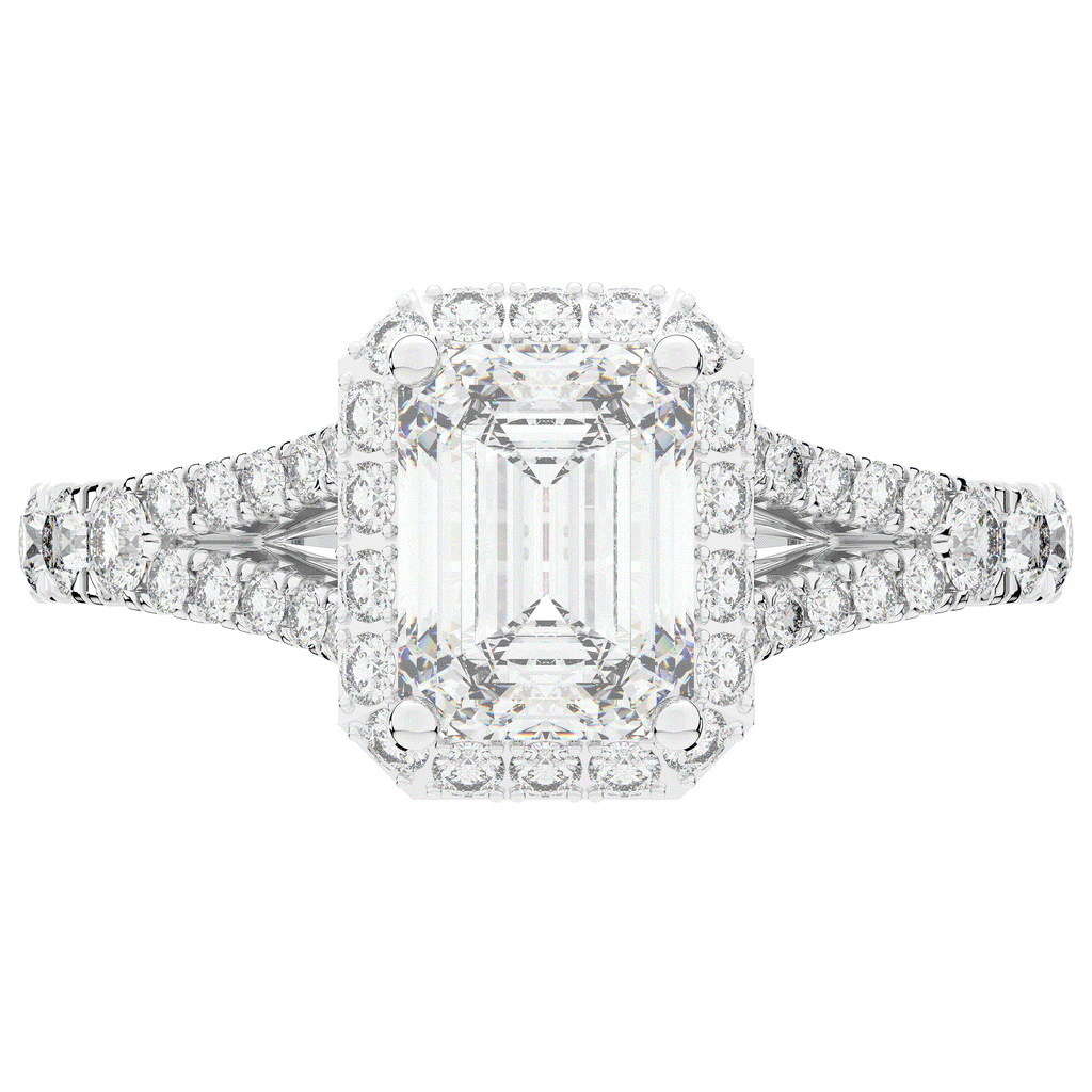 2.60CT.TW EMERALD CUT LAB DIAMOND SPLIT SHANK HALO ENGAGEMENT RING - Nazarelle