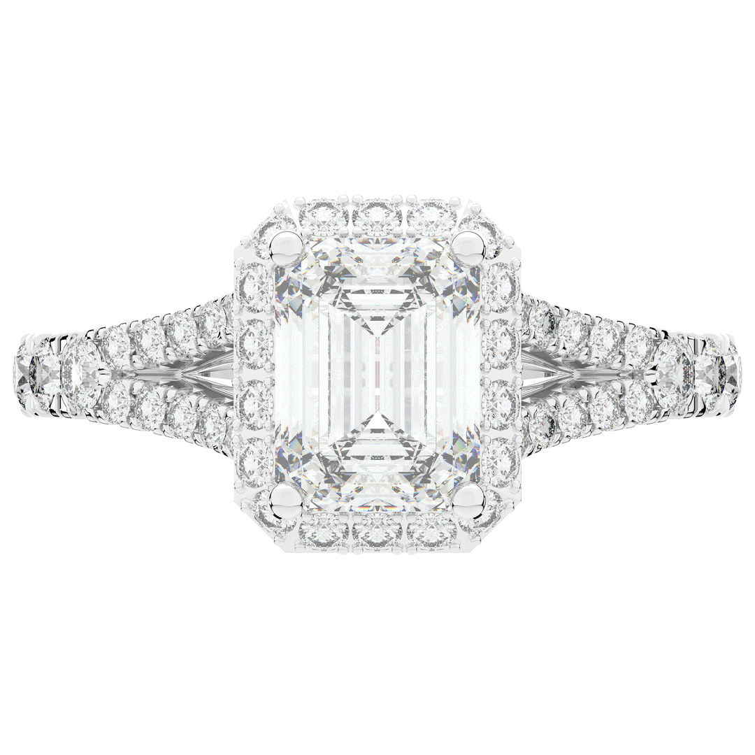 2.60CT.TW EMERALD CUT LAB DIAMOND SPLIT SHANK HALO ENGAGEMENT RING - Nazarelle