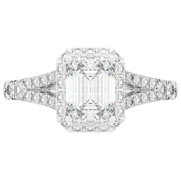 2.60CT.TW EMERALD CUT LAB DIAMOND SPLIT SHANK HALO ENGAGEMENT RING - Nazarelle