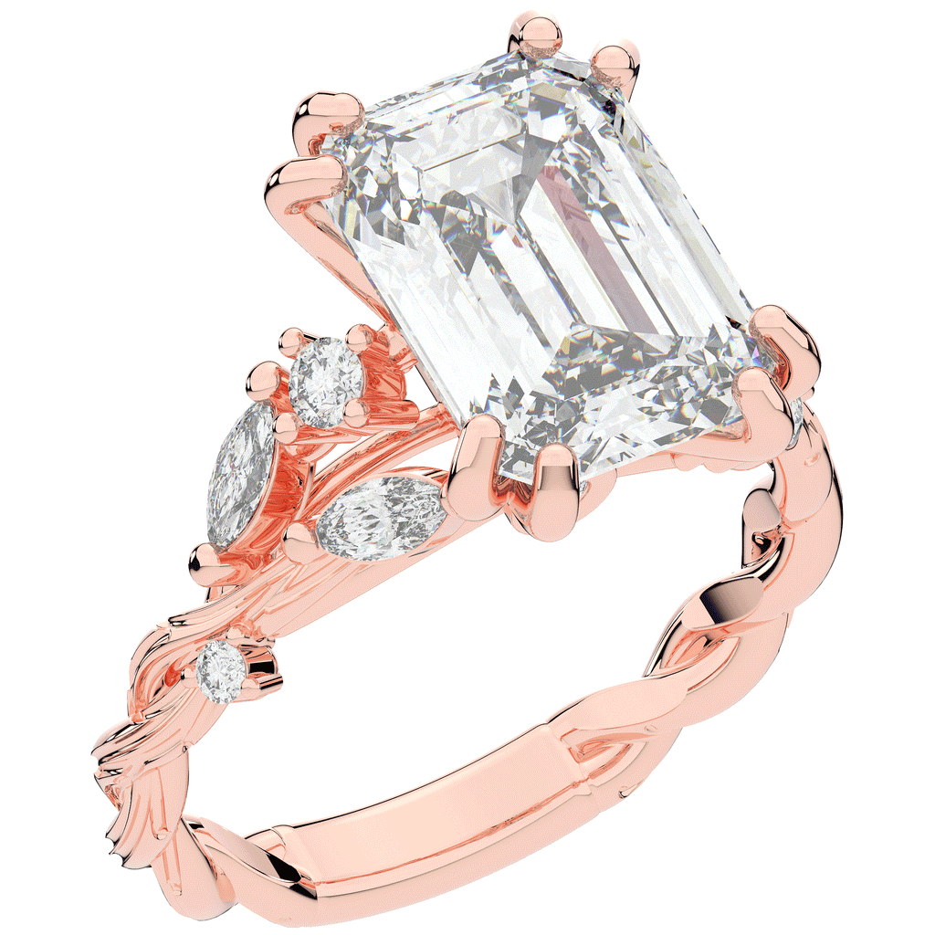 5.30CT.TW EMERALD CUT LAB DIAMOND STYLIZED VINE AND TREE BARK FINISH ENGAGEMENT RING - Nazarelle