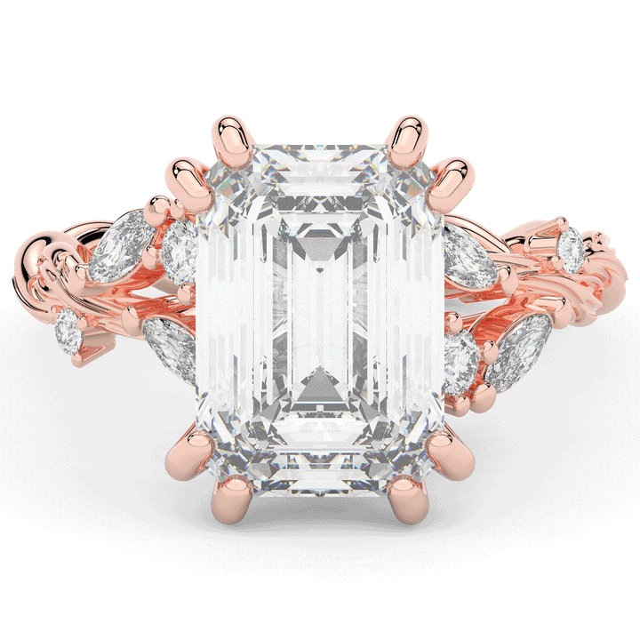 5.30CT.TW EMERALD CUT LAB DIAMOND STYLIZED VINE AND TREE BARK FINISH ENGAGEMENT RING - Nazarelle
