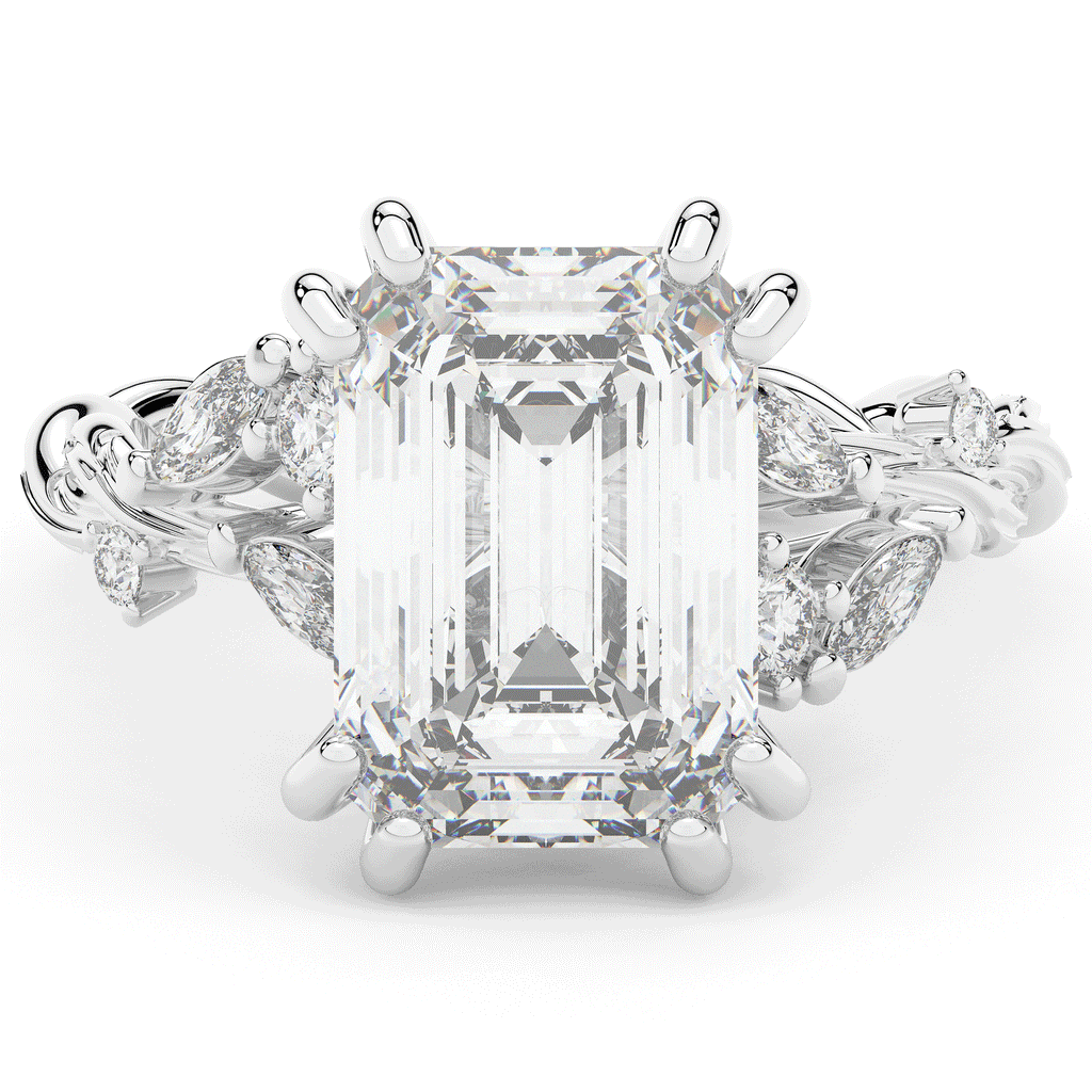 5.30CT.TW EMERALD CUT LAB DIAMOND STYLIZED VINE AND TREE BARK FINISH ENGAGEMENT RING - Nazarelle