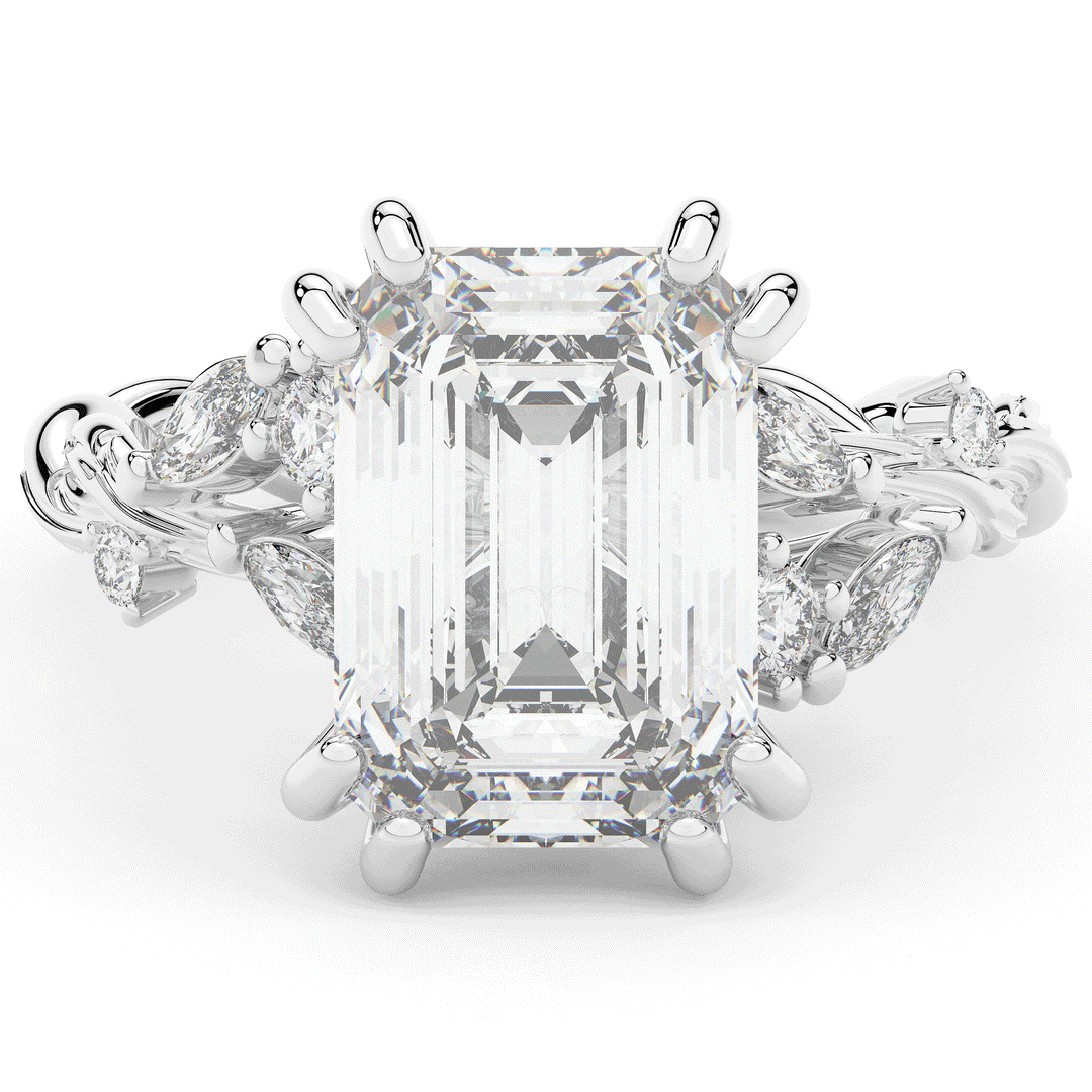 5.30CT.TW EMERALD CUT LAB DIAMOND STYLIZED VINE AND TREE BARK FINISH ENGAGEMENT RING - Nazarelle