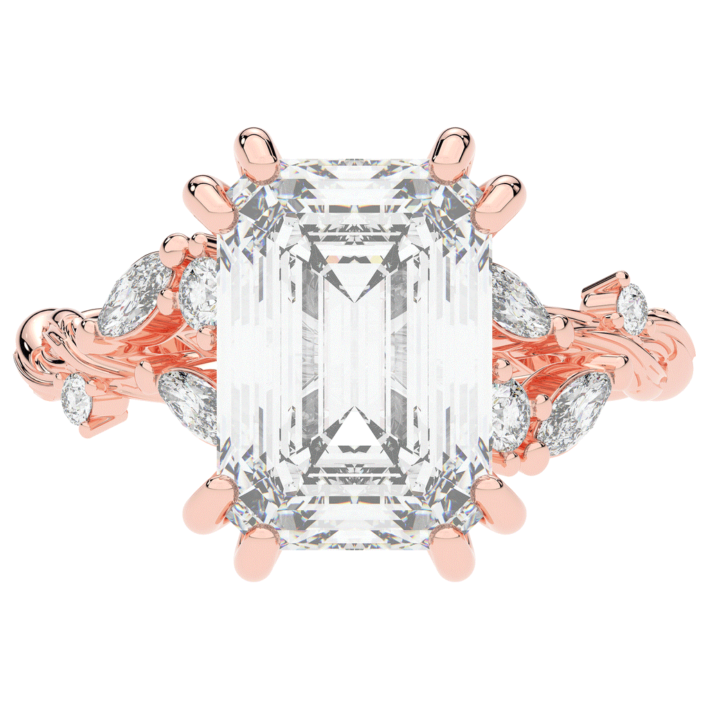 5.30CT.TW EMERALD CUT LAB DIAMOND STYLIZED VINE AND TREE BARK FINISH ENGAGEMENT RING - Nazarelle