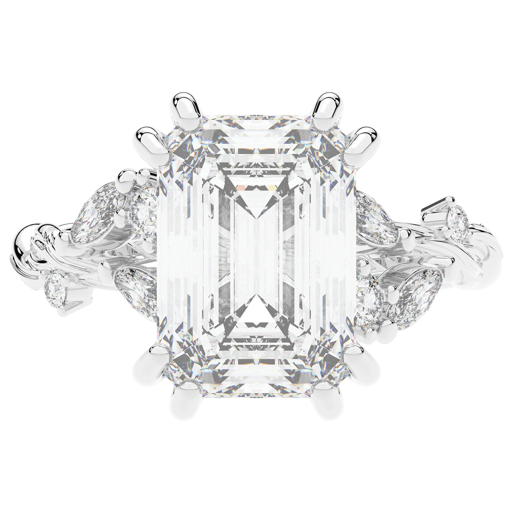 5.30CT.TW EMERALD CUT LAB DIAMOND STYLIZED VINE AND TREE BARK FINISH ENGAGEMENT RING - Nazarelle