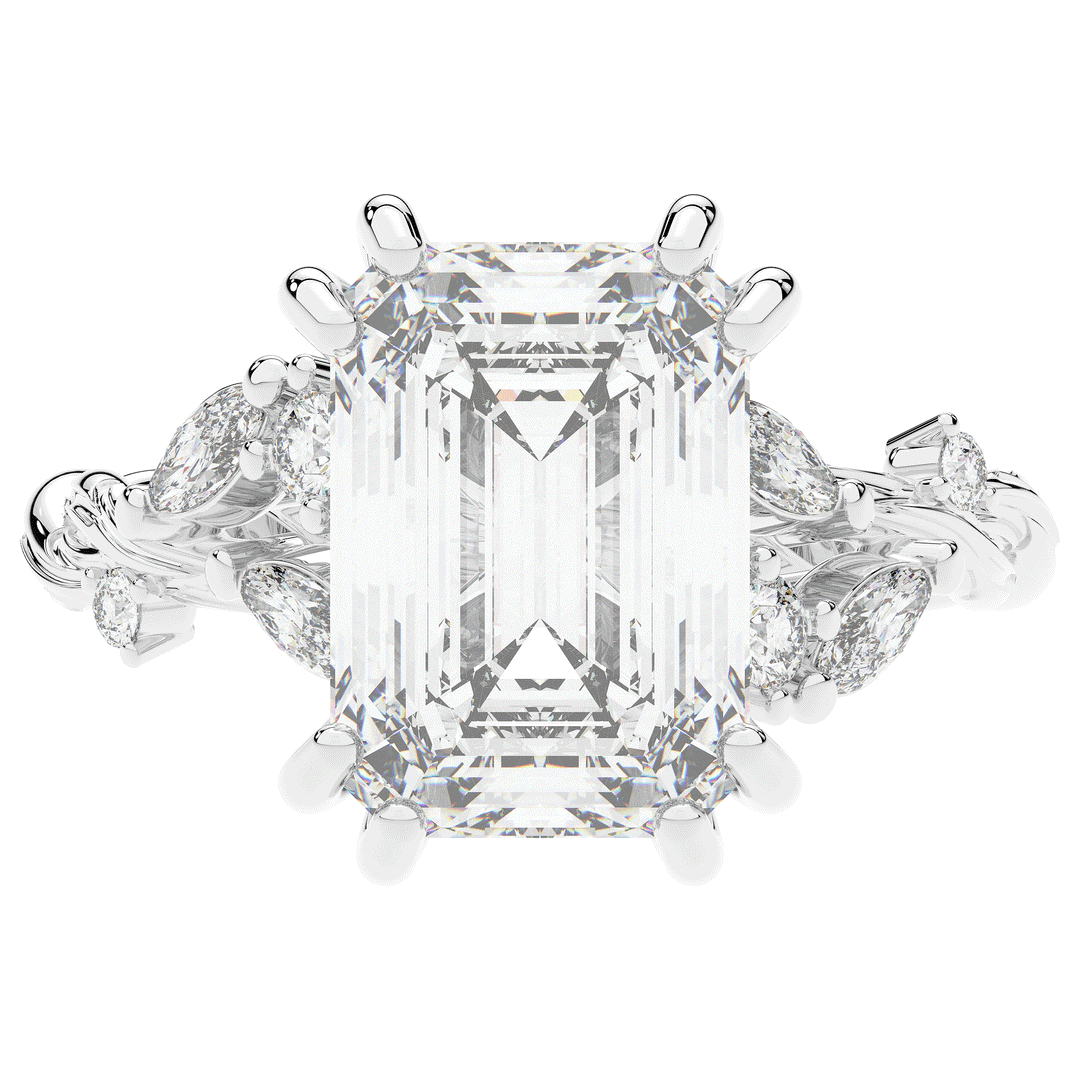 5.30CT.TW EMERALD CUT LAB DIAMOND STYLIZED VINE AND TREE BARK FINISH ENGAGEMENT RING - Nazarelle